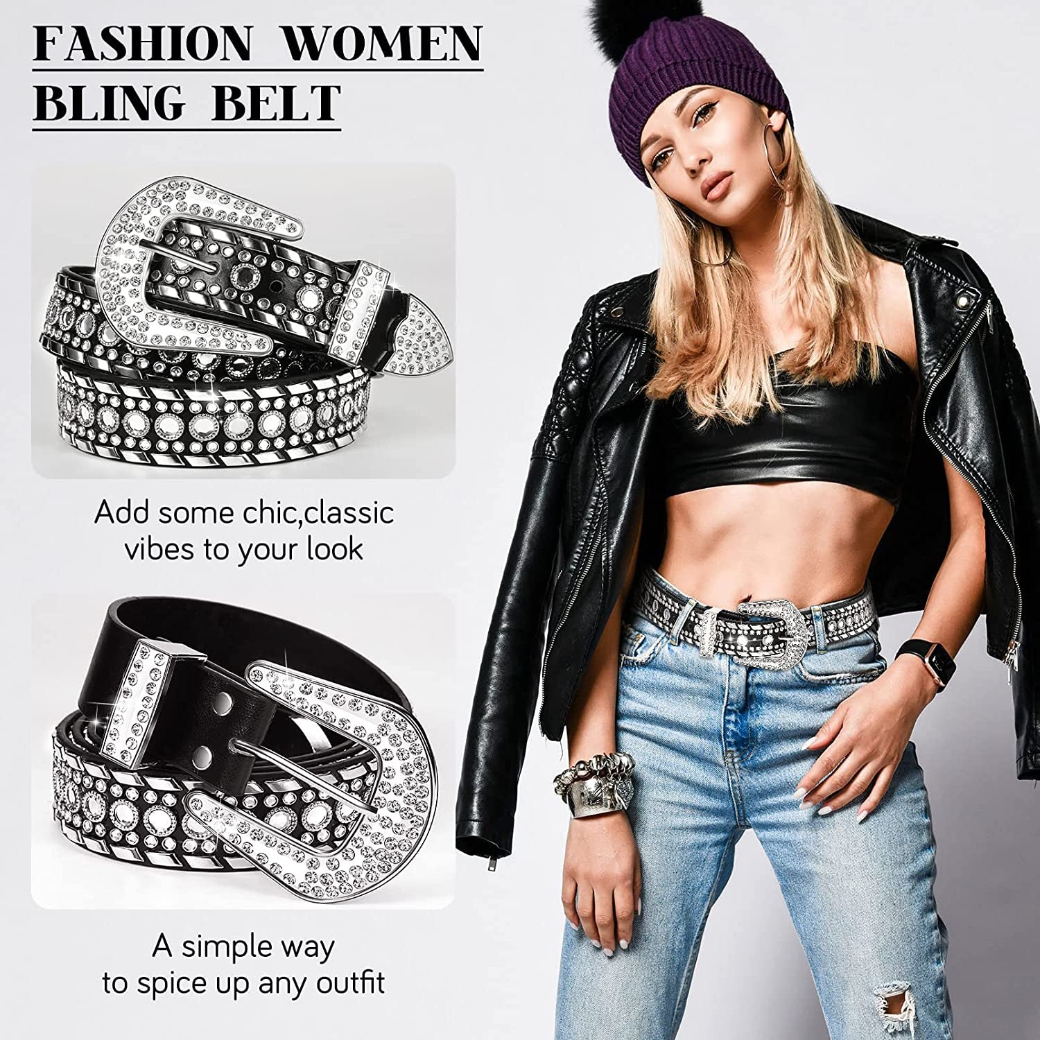 Rhinestone Belt for Women 2 Pcs Bling Studded Leather Belt Western Studded Belt Cowgirl Belt Apparel & Accessories > Clothing Accessories > Belts Geyoga   