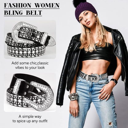Rhinestone Belt for Women 2 Pcs Bling Studded Leather Belt Western Studded Belt Cowgirl Belt Apparel & Accessories > Clothing Accessories > Belts Geyoga   