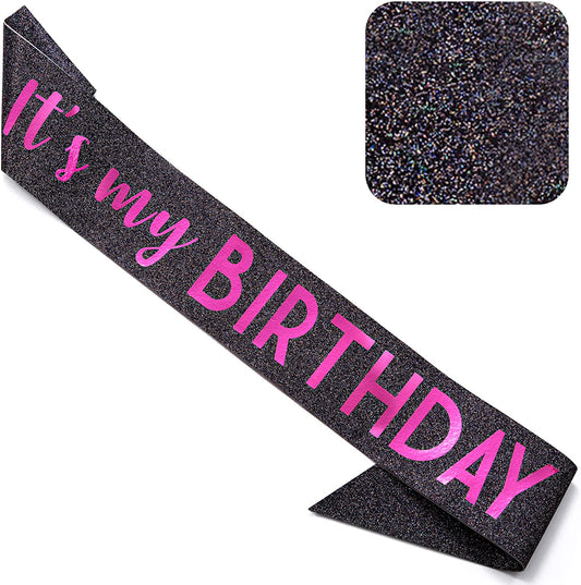CORRURE 'It'S My Birthday' Sash Glitter with Pink Foil - Black Glitter Happy Birthday Sash for Women - Party Favors Supplies and Decorations for Sweet 16, 18Th 21St 30Th 40Th or Any Bday Party Apparel & Accessories > Clothing Accessories > Sashes CORRURE Black - Pink  