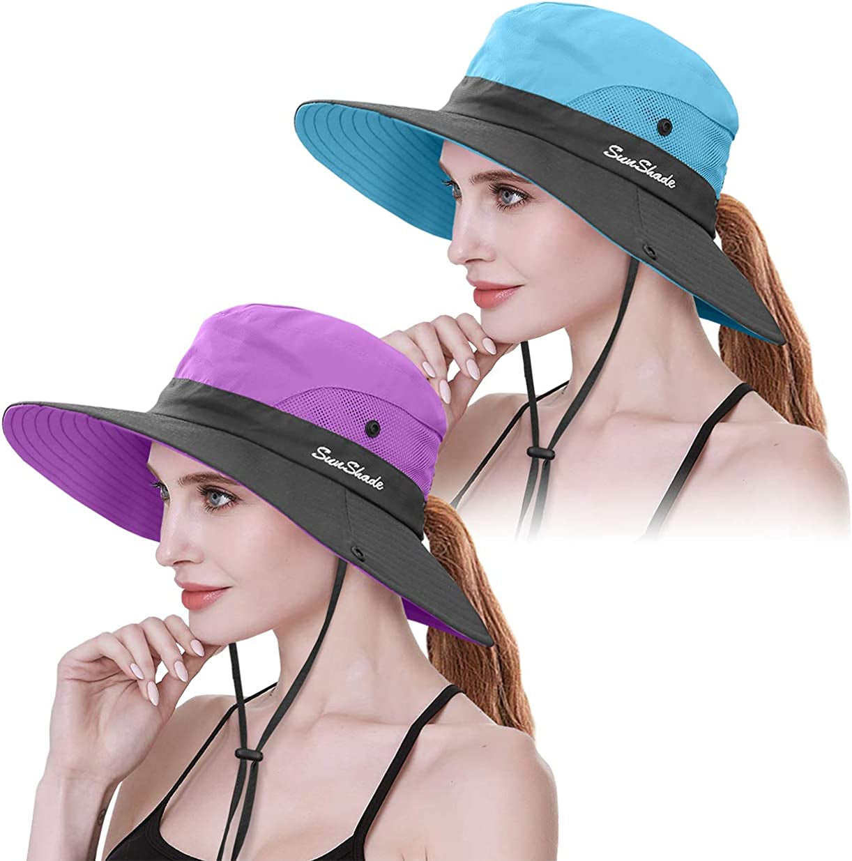 IYEBRAO 2 Pack Womens Ponytail Sun Hat UV Protection Bucket Hats Foldable Wide Brim Summer Boonie Beach Cap Fishing Hiking Apparel & Accessories > Clothing Accessories > Hats 29 IYEBRAO Purple & Sky Blue  