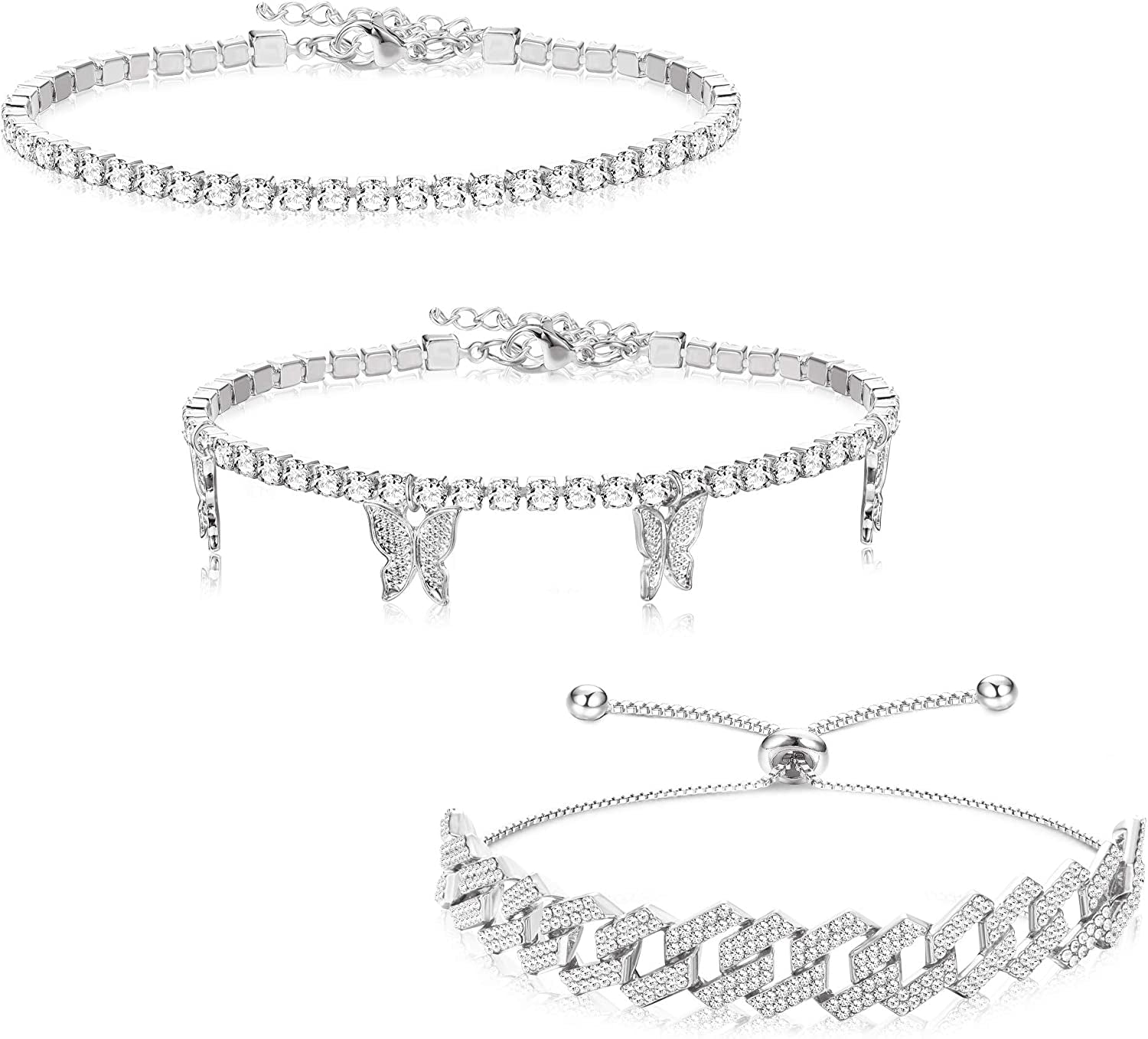 FINREZIO 3PCS Butterfly Anklet Bracelet for Women Summer Beach Cute Foot Jewelry Cuban Link Rhinestone Crystal Tennis Anklets Set Adjustable Apparel & Accessories > Jewelry > Anklets FINREZIO Silver tone  
