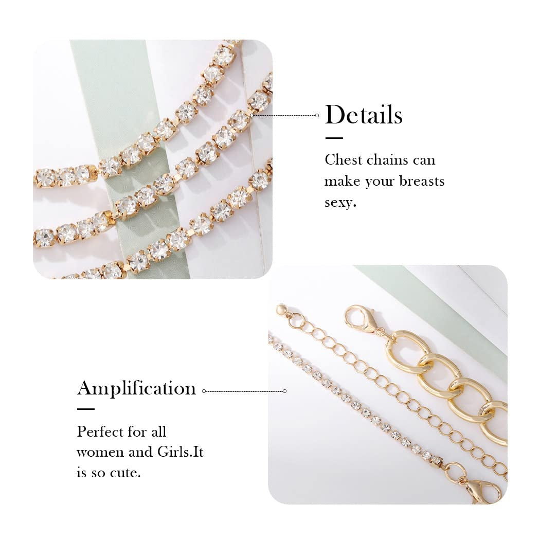 Ronglia Sexy Layered Body Chains Gold Rhinestone Bra Chain Rhinestone Belly Chain Bikini Beach Body Jewelry for Women and Girls Apparel & Accessories > Jewelry > Body Jewelry Generic   