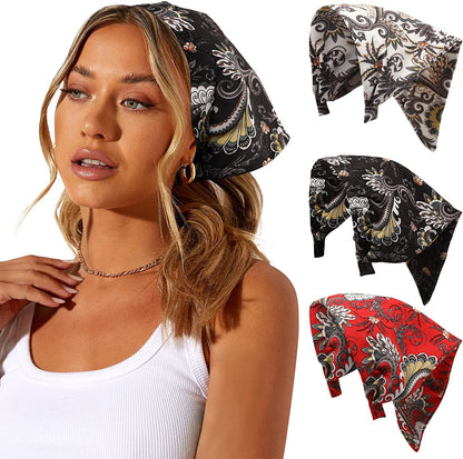 Floral Elastic Hair Scarf Headband - 3 PCS Chiffon Head Kerchief Headband Floral Hair Scarves with Hair Clips Hair Bandanas Apparel & Accessories > Clothing Accessories > Bandanas & Headties AWAYTR Paisley (Black/White/Red)  