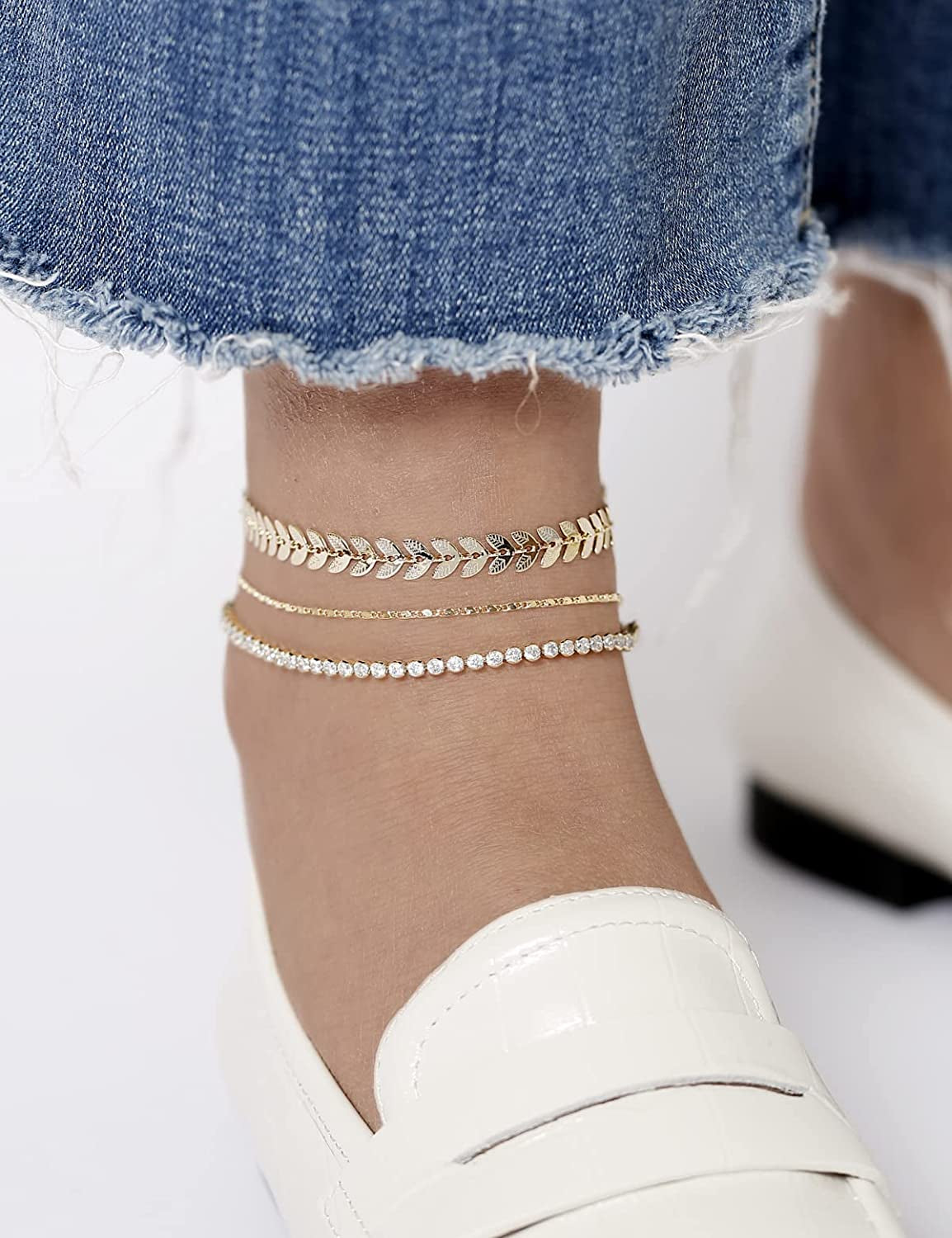Gold Ankle Bracelets for Women 14K Gold Plated Anklet Silver Tennis Rose Quartz Cross Bead Herringbone Snake Paperclip Chain Cubic Zirconia Dainty Layered Anklet Set 3Pcs Apparel & Accessories > Jewelry > Anklets WeSparking   