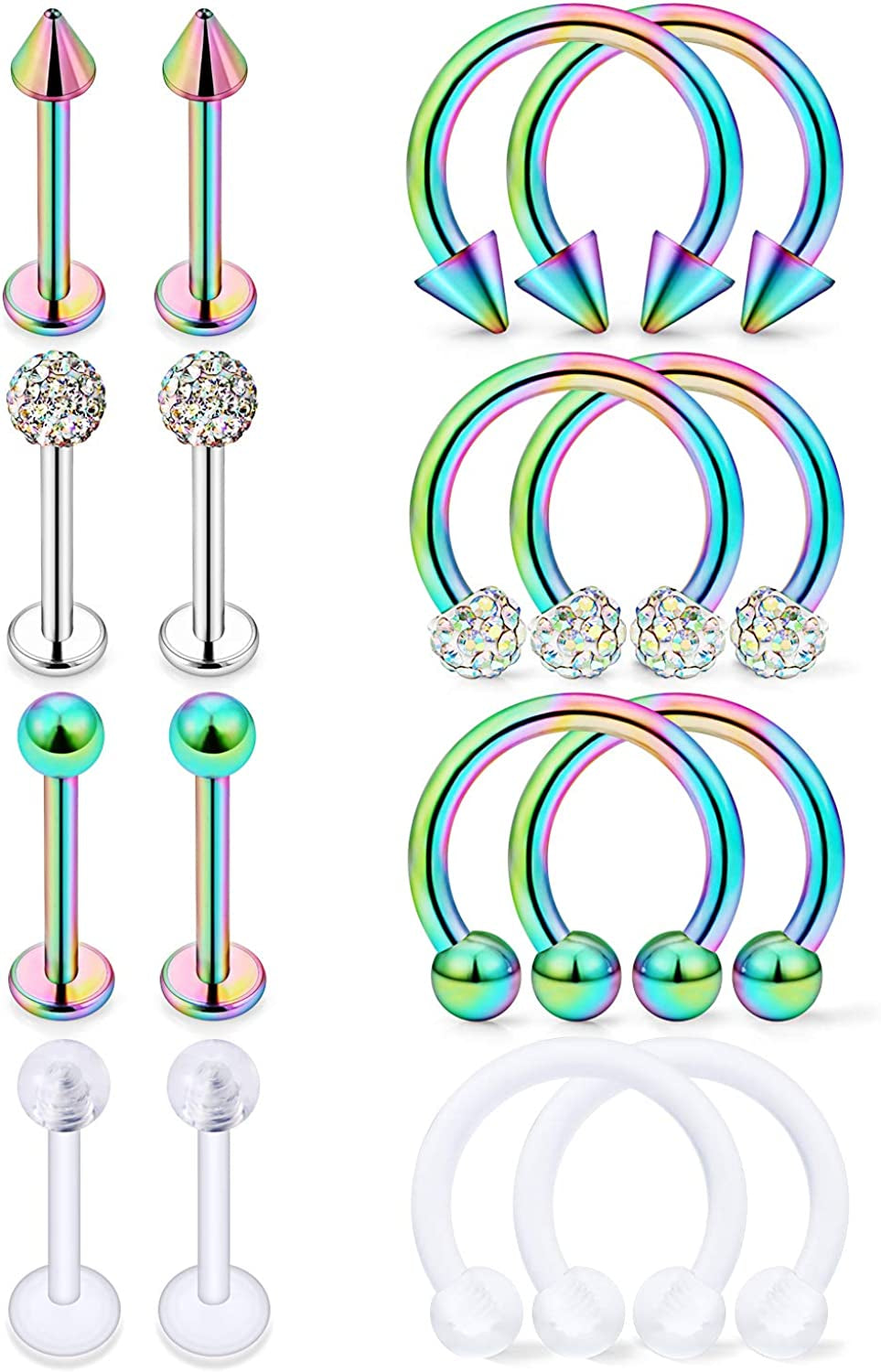 Hoeudjo 16G Surgical Steel Lip Rings Clear Diamond CZ Labret Studs Tragus Horseshoe Ring Helix Hoop Earring Body Jewelry Piercing Retainer for Women Men 8Mm Apparel & Accessories > Jewelry > Rings Hoeudjo 16pcs 16g rainbow 10.0 Millimeters 