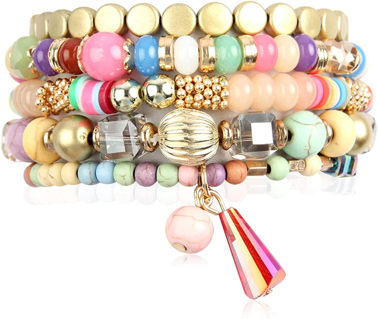 Bohemian Mix Bead Multi Layer Versatile Statement Bracelets - Stackable Beaded Strand Stretch Bangles Sparkly Crystal, Tassel Charm Apparel & Accessories > Jewelry > Bracelets RIAH FASHION Multi  