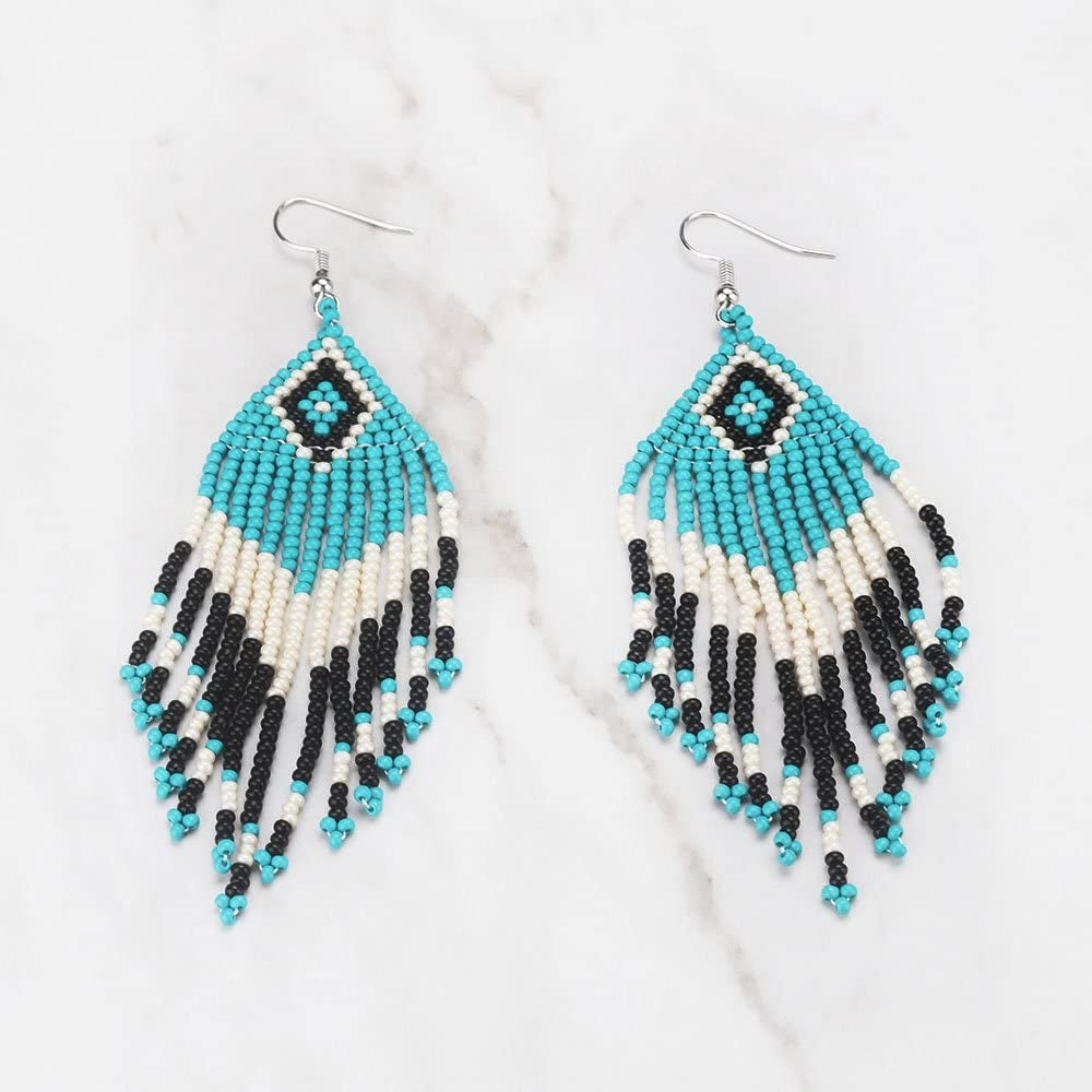 Native American Beaded Tassel Earrings with Fringe Seed Bead Boho for Women Long Dangle Beads Jewelry Apparel & Accessories > Jewelry > Earrings Tarsus   