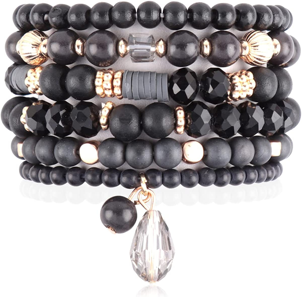 Bohemian Mix Bead Multi Layer Versatile Statement Bracelets - Stackable Beaded Strand Stretch Bangles Sparkly Crystal, Tassel Charm Apparel & Accessories > Jewelry > Bracelets RIAH FASHION Mix Bead Wood Charm Stretch Bracelet Set - Black  