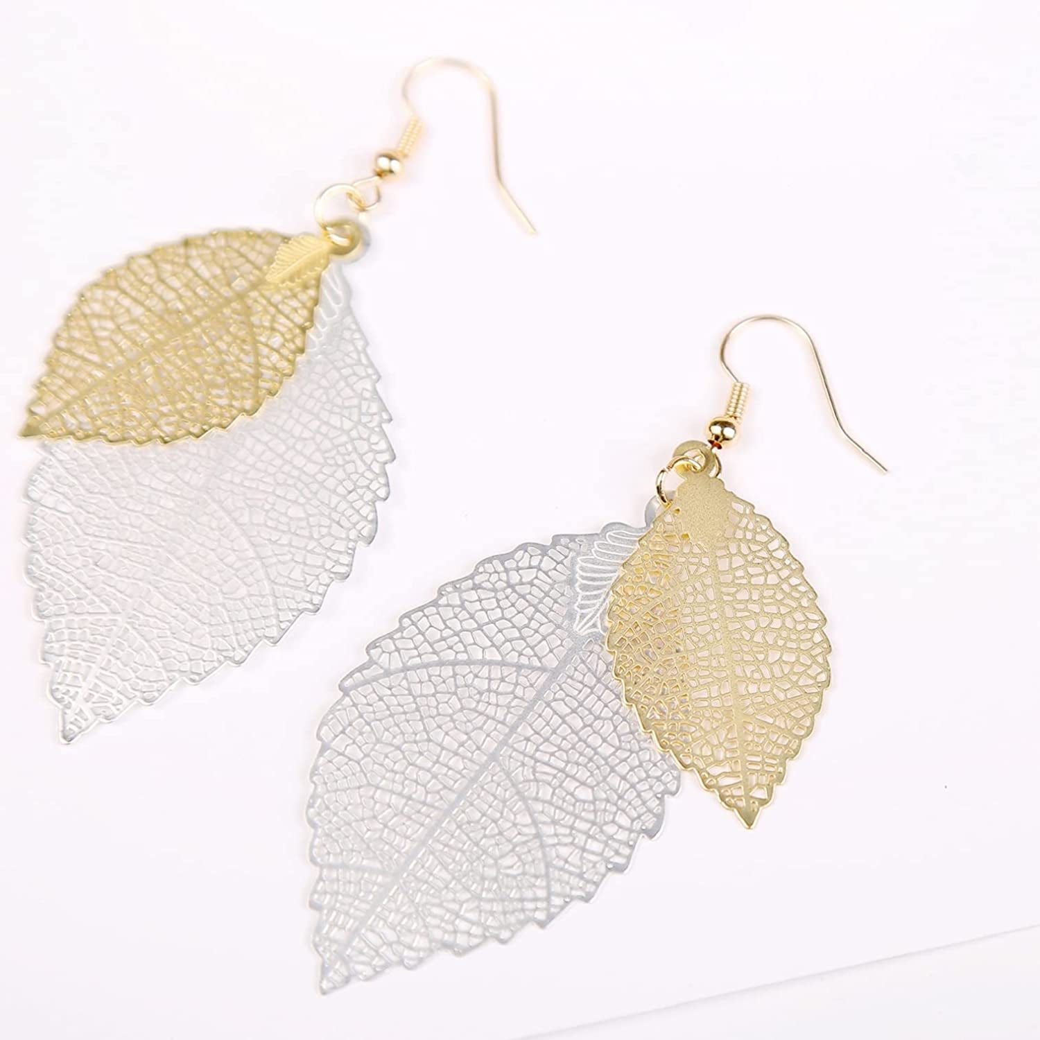 Jeolory Shiny 925 Silver 14K Gold Plated Double Layer Hollow Out Tree Leaf Shape Hook Earring Dangle for Women Lady Girl Apparel & Accessories > Jewelry > Earrings Jeolory   