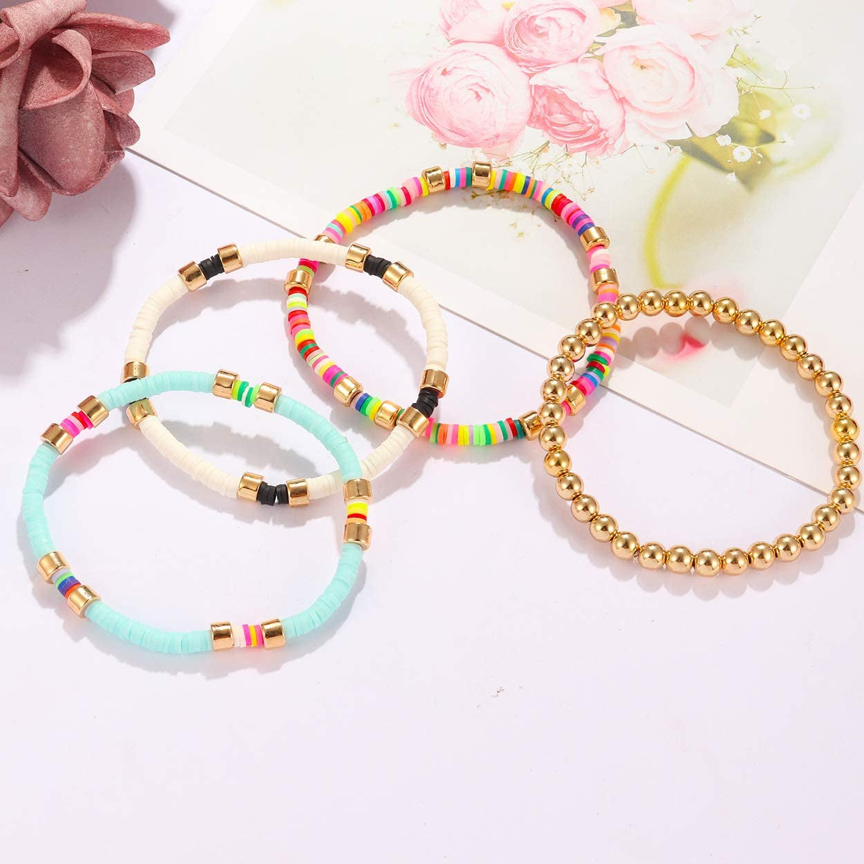 Colorful Beaded Bracelet for Women Heishi Bracelet Set Assorted Gold Bead Stackable Stretch Strand Bracelet Apparel & Accessories > Jewelry > Bracelets WETMT   
