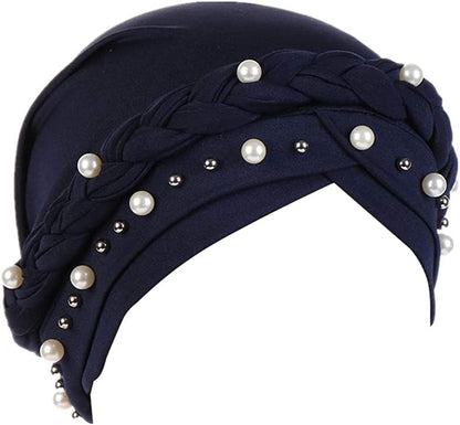 Fxhixiy Women Hijab Beading Pearl Braid Turban Hat Head Scarf Cancer Chemo Beanies Bandana Headwrap Cap Apparel & Accessories > Clothing Accessories > Headwear Fxhixiy Navy Blue  