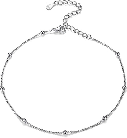 Chicsilver 925 Sterling Silver Ankle Bracelet for Women, Simple Durable Cuban Link/Figaro/Twist Rope Chain Anklets for Beach Party(With Gift Box) Apparel & Accessories > Jewelry > Anklets ChicSilver Jewelry F: Bead Chain-Silver  