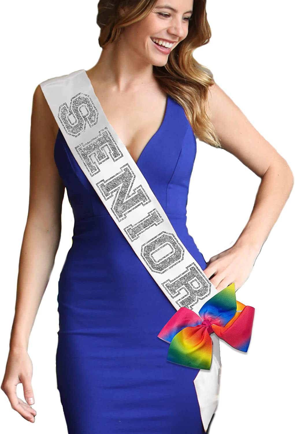 Senior Sash - Senior Night Party Decorations - Senior 2023 Party Sports Event Sash Cheer Dance Team Apparel & Accessories > Clothing Accessories > Sashes RhinestoneSash White Satin Senior (Rainbow Pride Bow)  