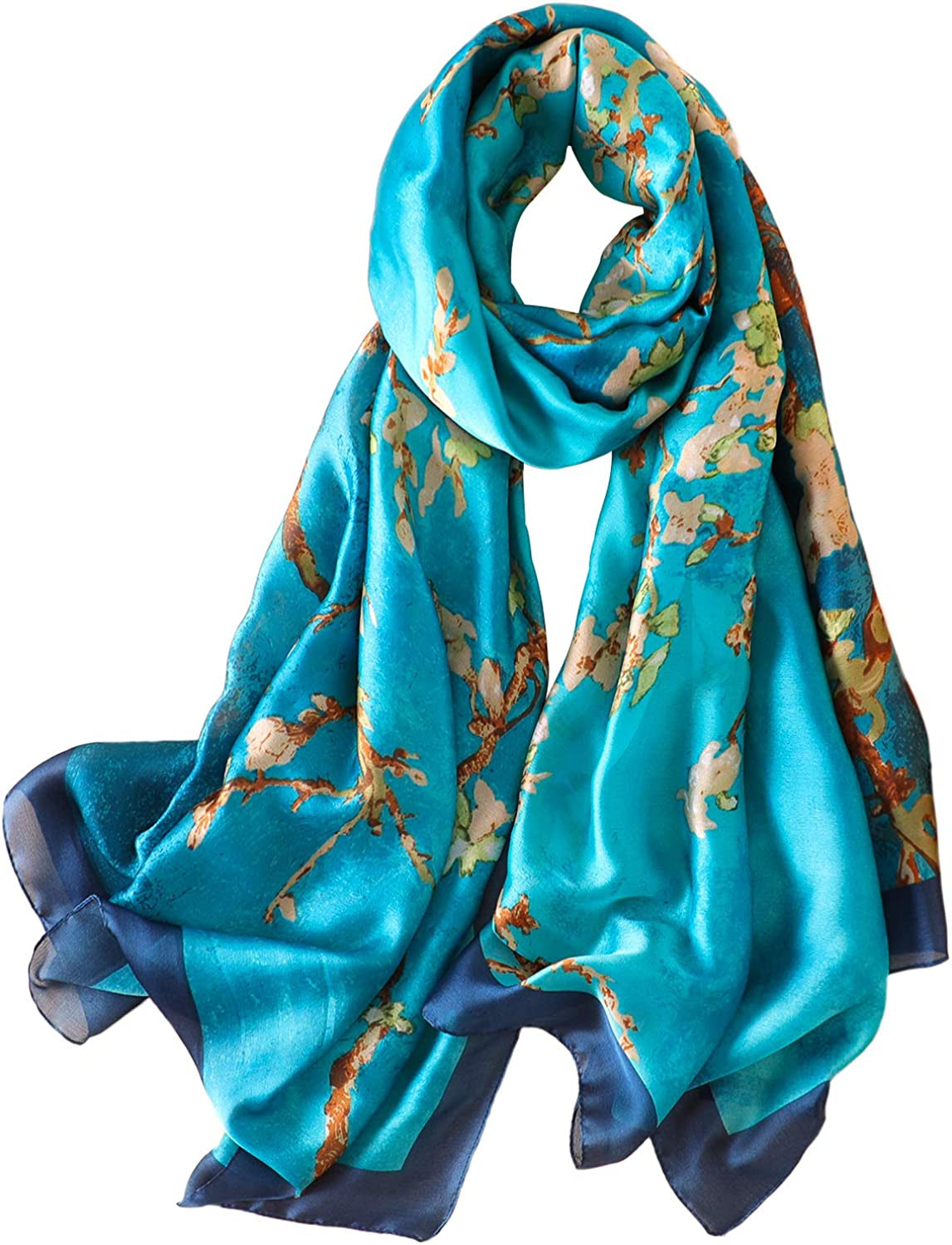 NUWEERIR Womens 100% Large Mulberry Silk Scarf Long Satin Scarf Fashion Designer Scarf Lightweight Wraps Apparel & Accessories > Clothing Accessories > Scarves & Shawls NUWEERIR Blue Fl  