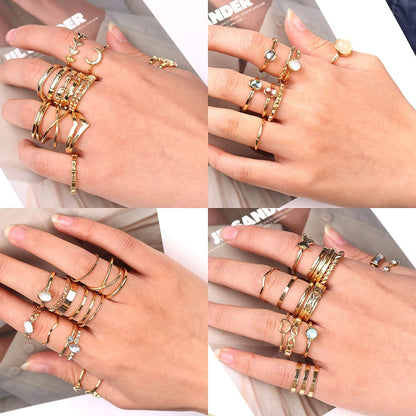 82Pcs Gold Silver Knuckle Rings for Women Stackable Mid Finger Joint Ring Set Retro Vintage Boho Rings Aesthetic Stacking Crystal Rings Bulk Gold tone