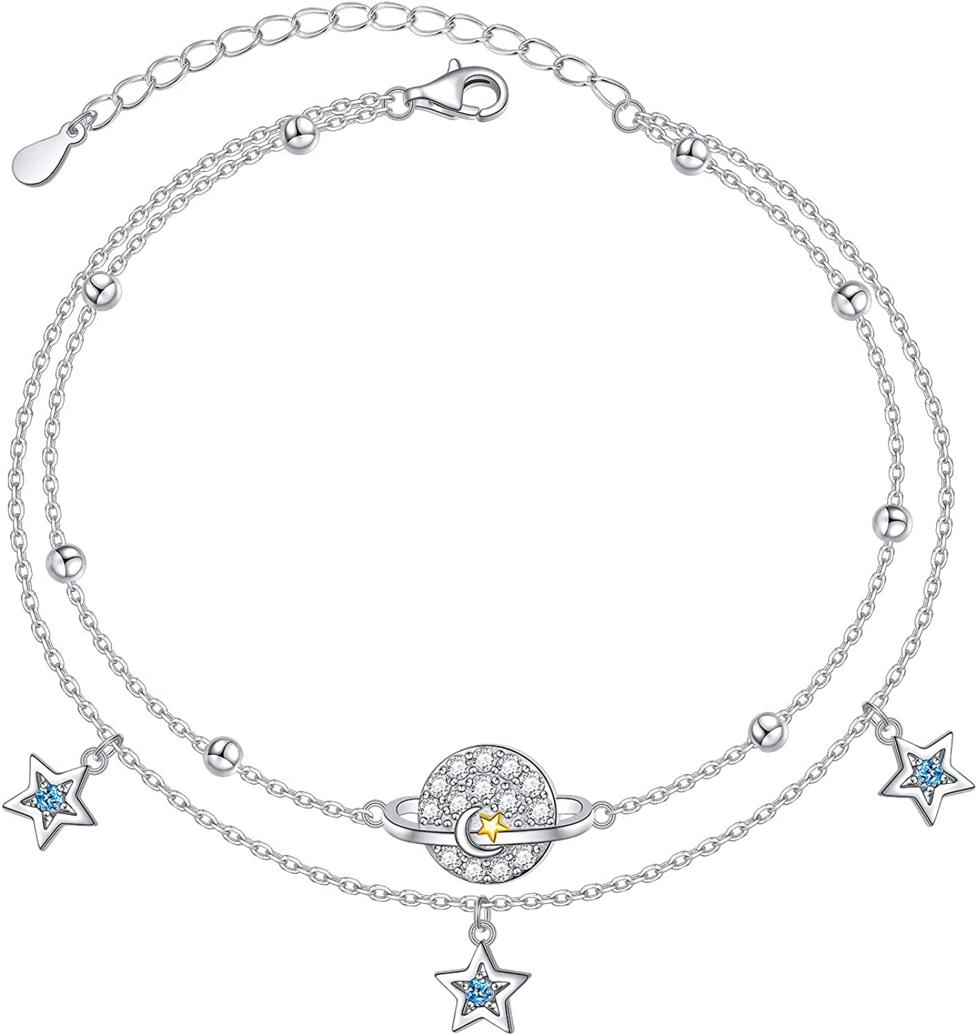 Star Moon Layered Anklet 925 Sterling Silver Sunflower Anklets for Women Girls Adjustable Beads Crescent Ankle Bracelet Boho Beach Foot Chain 9+1.5 Inch Charm Jewelry Birthday Gifts Apparel & Accessories > Jewelry > Anklets SilverSea Jewelry Stellar  