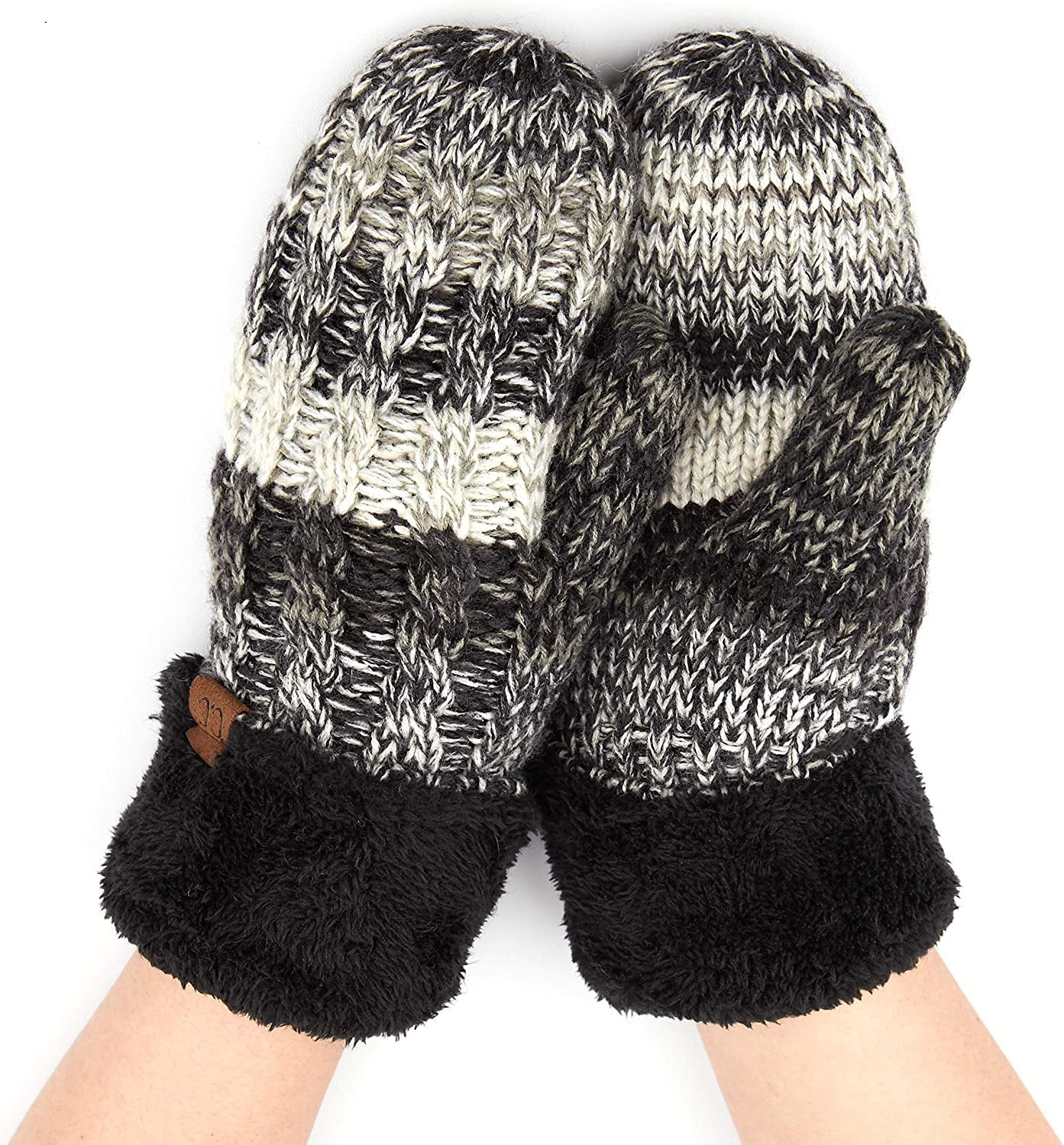 C.C Women Thick Knit Faux Fur Sherpa Fleece Lined Warm Winter Gloves Mittens (CG-36)(MT-008,25,715,816,1816,6245) Apparel & Accessories > Clothing Accessories > Gloves & Mittens C.C Black/ Grey Mix  