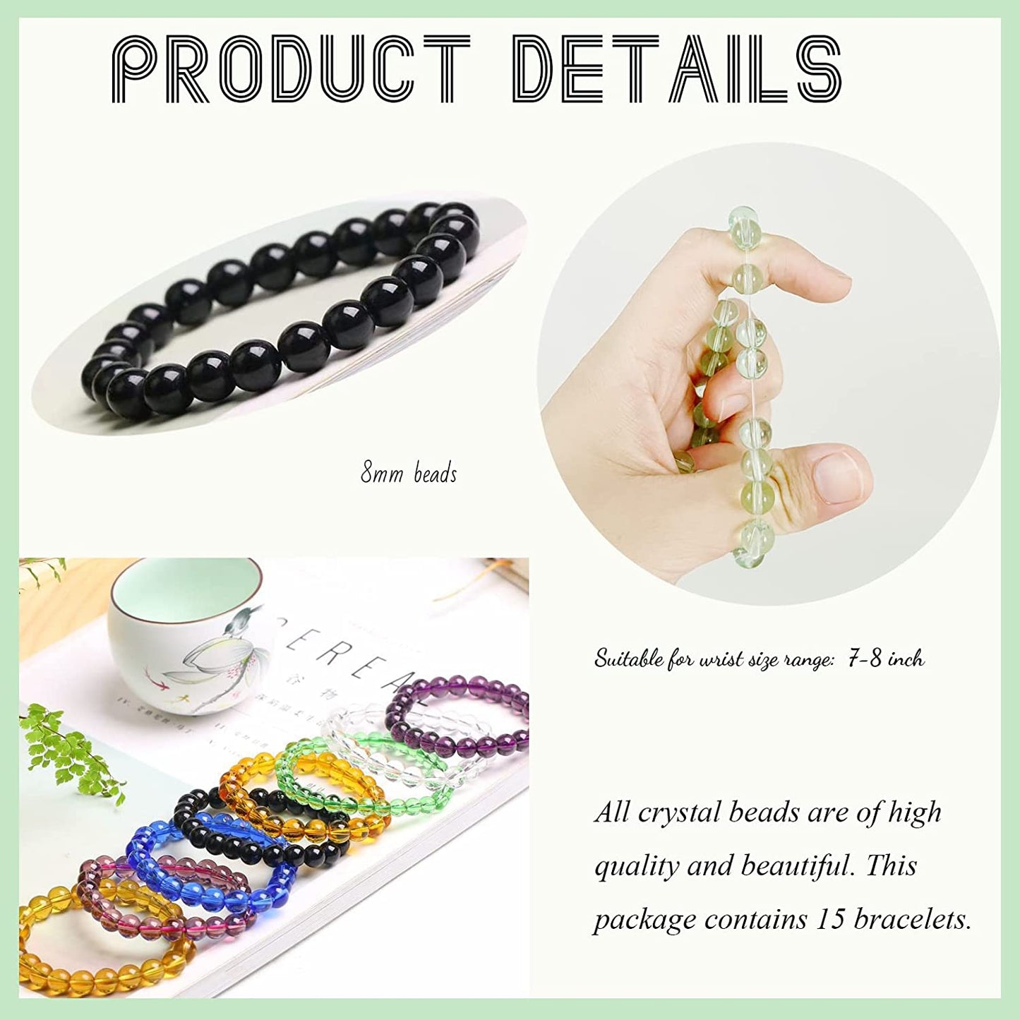 SROBENZ 15 PCS Crystal 8Mm round Beaded Bracelet Set Healing Glass Stretch Bracelets for Women Girl Men round Beads Elastic Bracelets Apparel & Accessories > Jewelry > Bracelets SROBENZ   