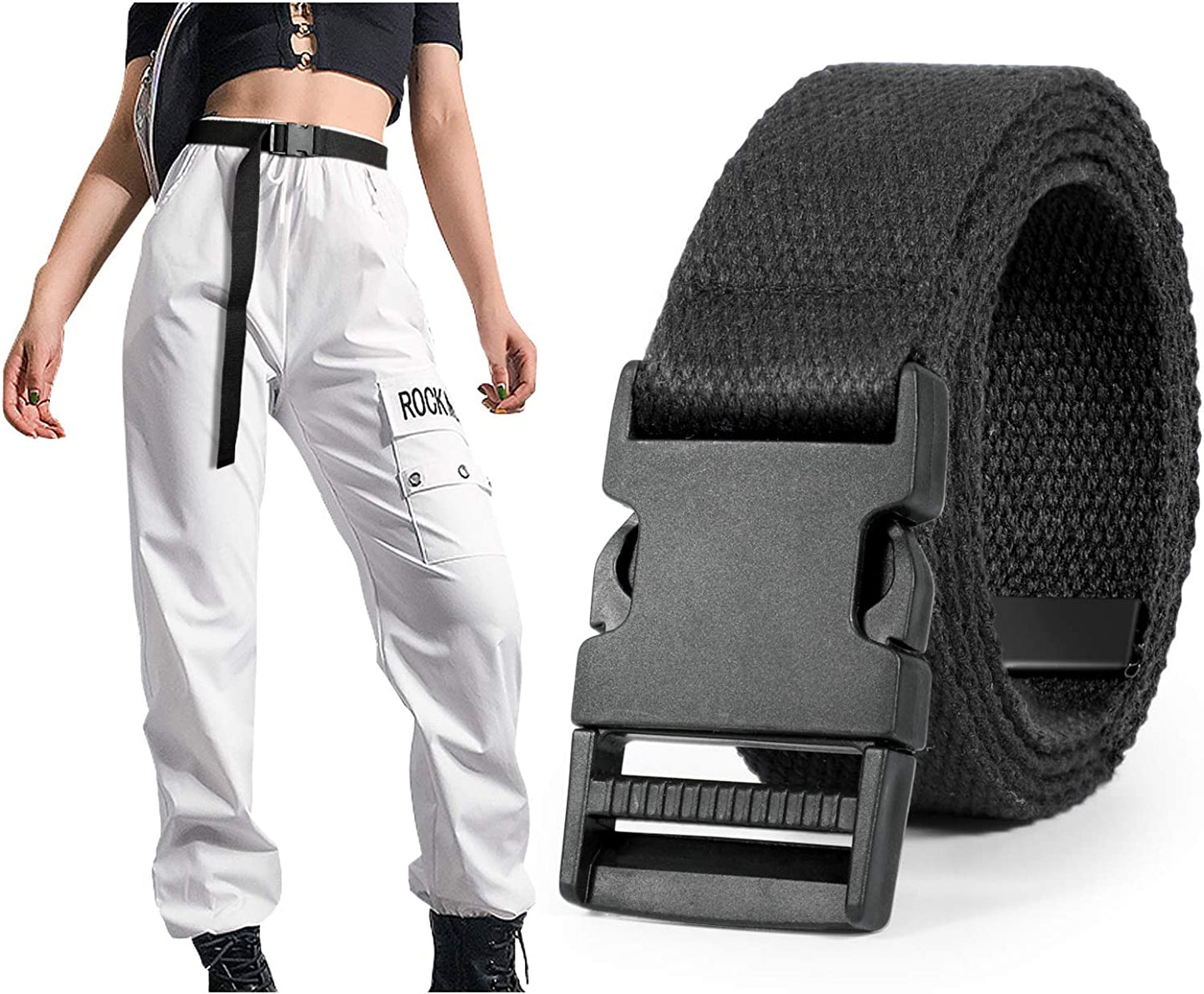 Canvas Long Belt for Women ,SANSTHS Hip Hop Streetwear Style Black Buckle Cargo Belt with Flat Plastic Buckle for Jeans Dress Apparel & Accessories > Clothing Accessories > Belts SANSTHS A-black Fit Pants below 35" 