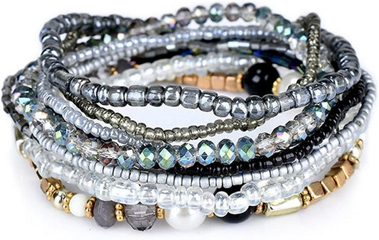 Mengpa Stackable Beaded Bracelets for Women Girls Bohemian Layering Strand Statement Jewelry Apparel & Accessories > Jewelry > Bracelets MengPa Grey  