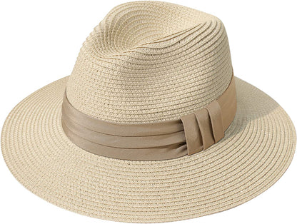 Lanzom Women Wide Brim Straw Panama Roll up Hat Belt Buckle Fedora Beach Sun Hat UPF50+ Apparel & Accessories > Clothing Accessories > Hats Lanzom Khaki One Size 