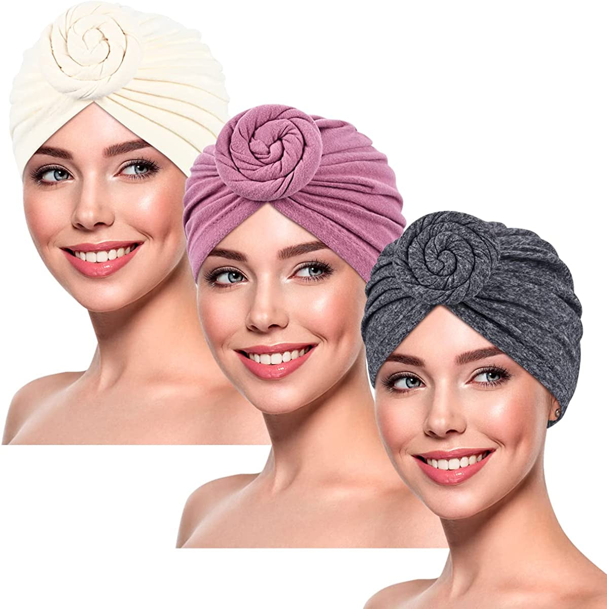 DANMY Women'S Beanie Turban Hats, Indian Hats Headscarves, Beanie Hats for Women,Turban for Women Apparel & Accessories > Clothing Accessories > Headwear DANMY Gray Pink Beige -3pcs  