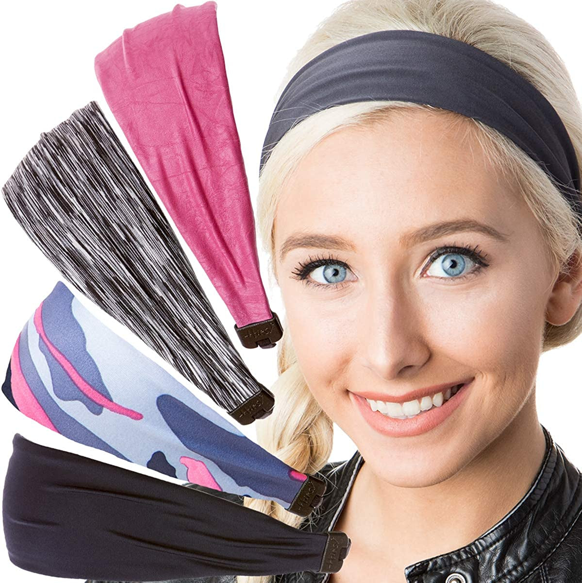 Hipsy Adjustable & Stretchy Printed Xflex Wide Headbands for Women Girls & Teens Apparel & Accessories > Clothing Accessories > Bandanas & Headties Hipsy Navy/Blue Camo/Grey/Pink/Dark Grey Xflex 5pk  