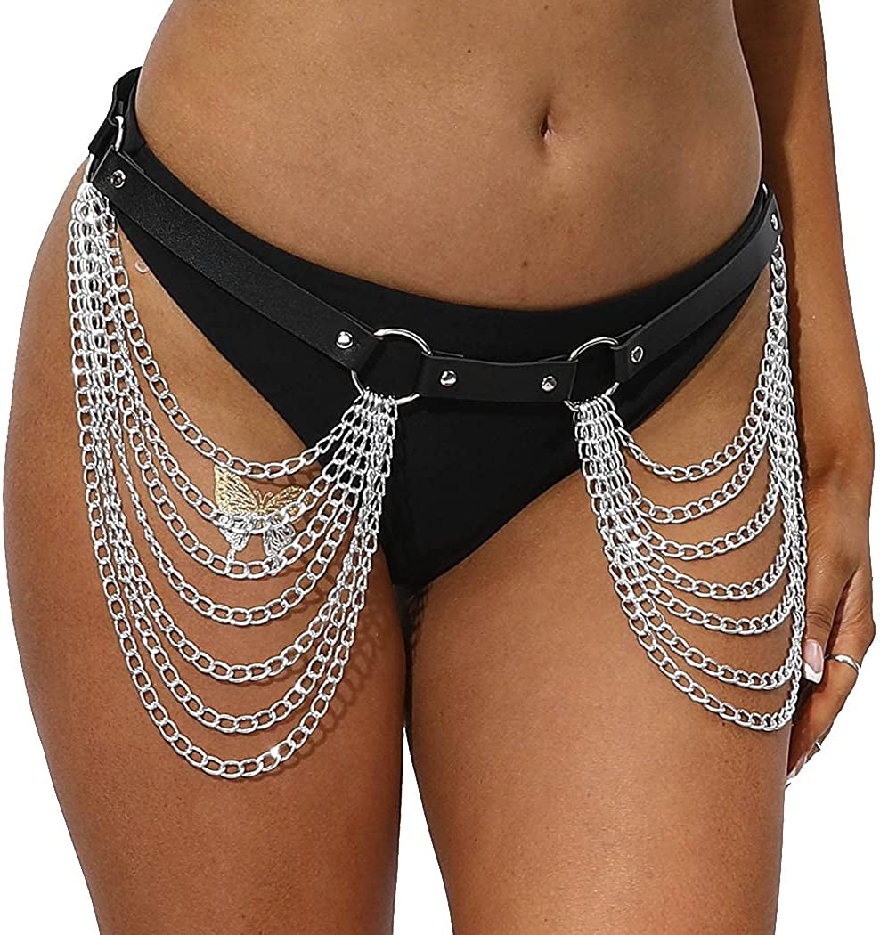 Kakaco Leather Waist Chain Belt Layered Belly Belts Chain Black Rave Body Chains Jewelry for Women and Girls Apparel & Accessories > Jewelry > Body Jewelry Kakaco   