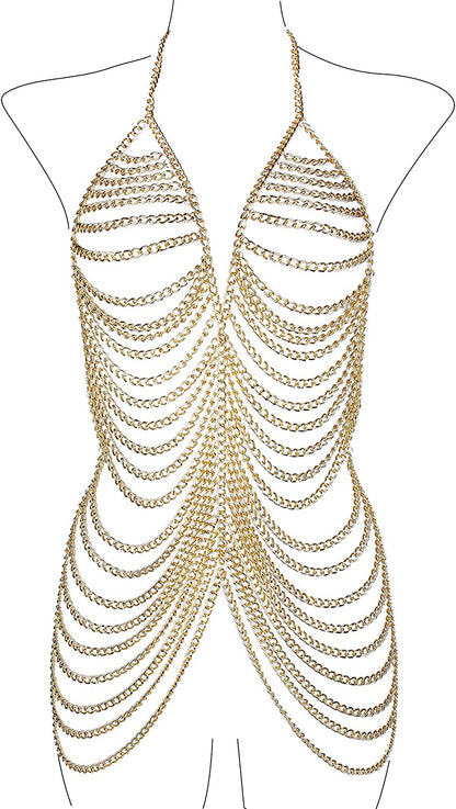 Maijiao Adjustable Gold Body Chain Set - Boho Summer Beach Bikini Belly Chain Jewelry for Women Rave Full Body Jewelry Layered Bra Chain Necklace Chain Dress Apparel & Accessories > Jewelry > Body Jewelry Maijiao Gold-1  