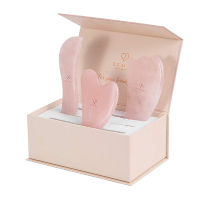 Rose Quartz Gua Sha Facial Tool Set by Esmee | 3 in 1 Premium Guasha Kit | 100% Real Rose Quartz Crystal | Anti-Aging Beauty Therapy for Massage and Skin Rejuvenation (Rose Quartz) Health & Beauty > Personal Care > Cosmetics > Cosmetic Tools > Skin Care Tools Esmee Beauty and Lifestyle   