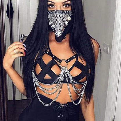 Twinklede Punk Leather Body Chain Bra Silver Layered Chest Chains Festival Rave Harness Chain Body Chain Jewelry for Women and Girls Apparel & Accessories > Jewelry > Body Jewelry TWINKLEDE   