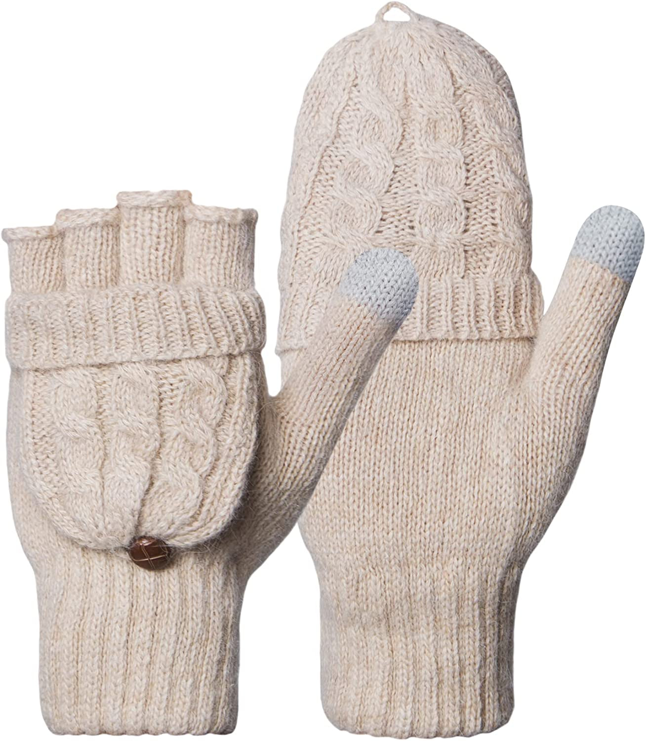Winter Gloves Warm Wool Knit Flip Fingerless Gloves Mittens for Women Gifts Apparel & Accessories > Clothing Accessories > Gloves & Mittens Loritta G- Beige  