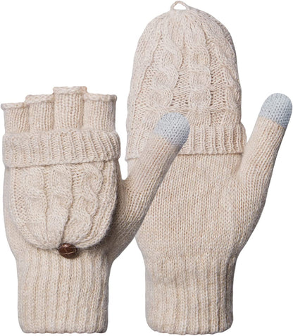 Winter Gloves Warm Wool Knit Flip Fingerless Gloves Mittens for Women Gifts Apparel & Accessories > Clothing Accessories > Gloves & Mittens Loritta G- Beige  