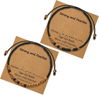 Morse Code Bracelets for Women Gifts, Adjustable 2Pcs Tiger Eye Beads Friendship Bracelets Gifts for Best Friend Women Girls Sister Funny Inspirational Birthday Friendship Gifts for Women Jewelry Apparel & Accessories > Jewelry > Bracelets MONOZO Strong and Fearless  