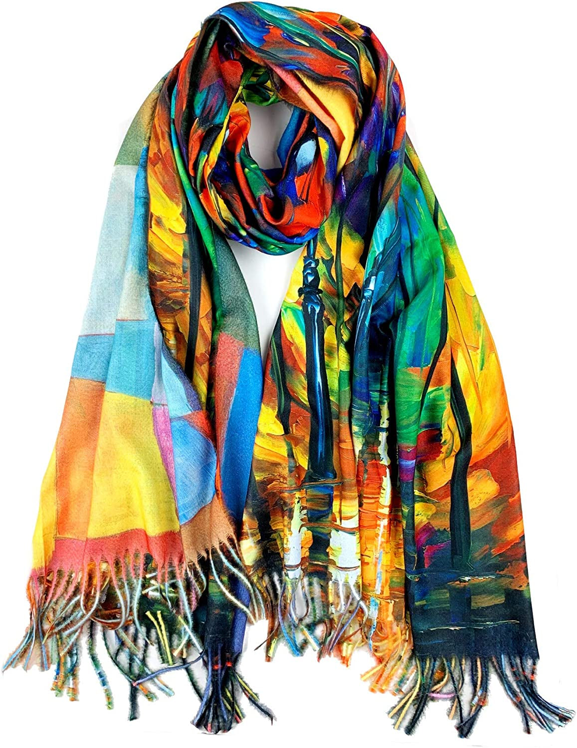 Plum Feathers Super Soft Cashmere Feel Double Sided Reversible Art Shawl Scarf Van Gogh Monet Klimt Inspired Apparel & Accessories > Clothing Accessories > Scarves & Shawls Plum Feathers Colorful Autumn Rain  