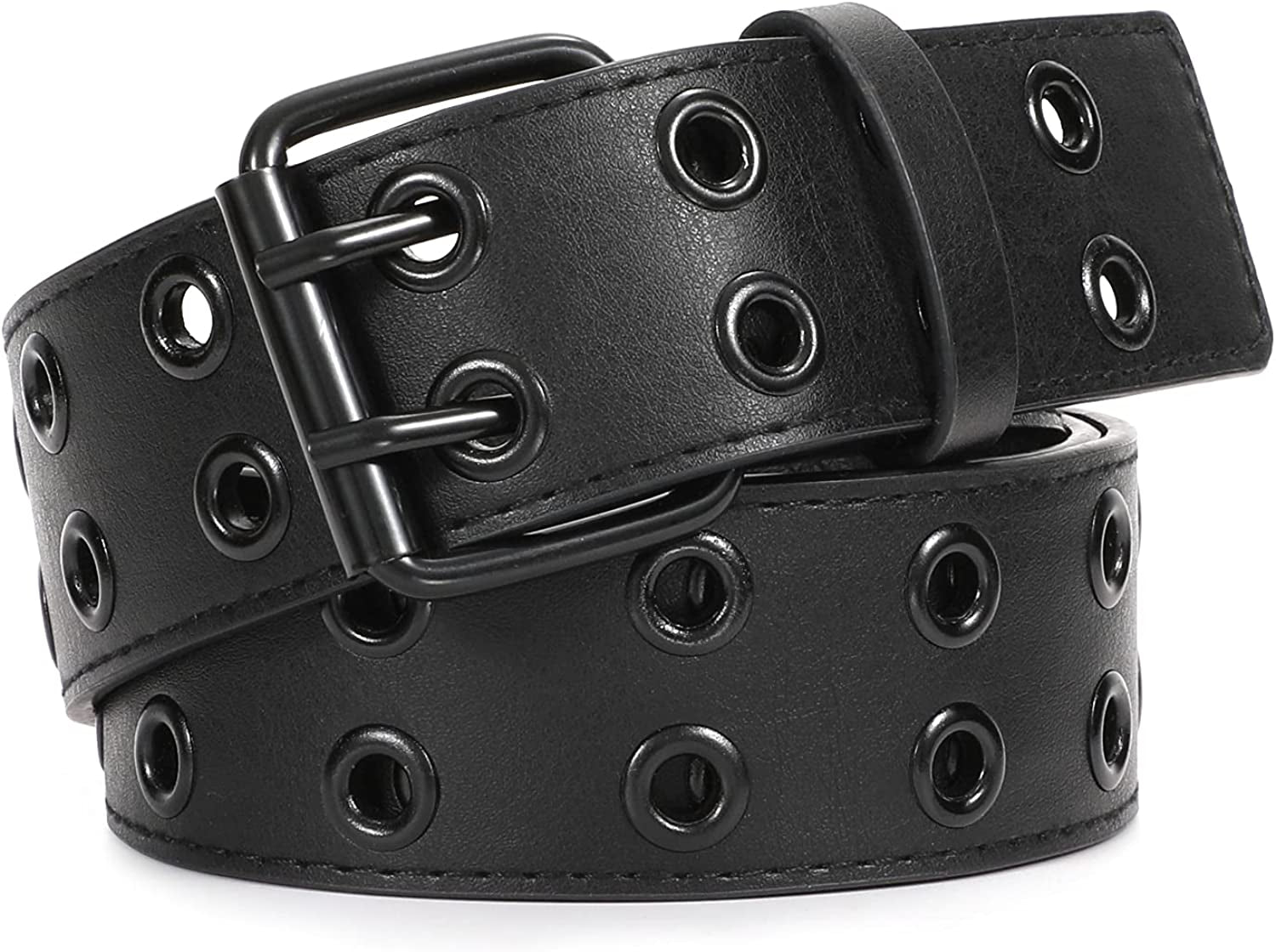 Double Grommet PU Leather Belt for Women/Men Punk Metal Jean Belt Wide 1.5 Inch Apparel & Accessories > Clothing Accessories > Belts XZQTIVE 02 Black Fit Pants 22-35inch 