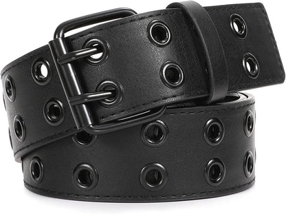 Double Grommet PU Leather Belt for Women/Men Punk Metal Jean Belt Wide 1.5 Inch Apparel & Accessories > Clothing Accessories > Belts XZQTIVE 02 Black Fit Pants 22-35inch 