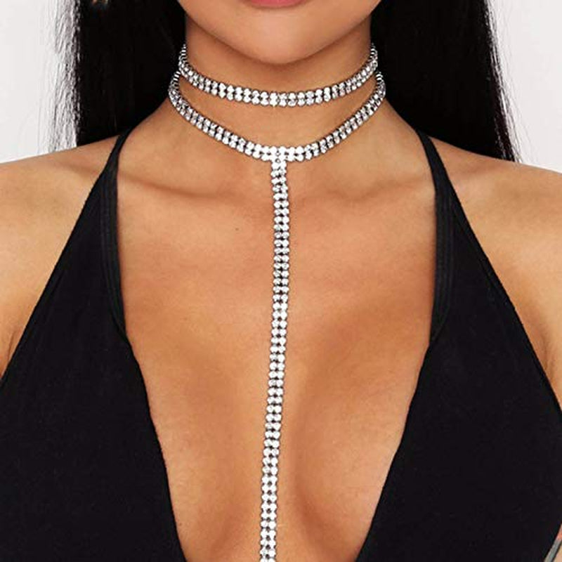 Blindery Rinestone Body Chains Jewelry Sexy Layered Body Necklace Crystal Body Necklace Nightclub Party Bikini Body Jewelry for Women and Girls Apparel & Accessories > Jewelry > Body Jewelry Blindery Silver2  