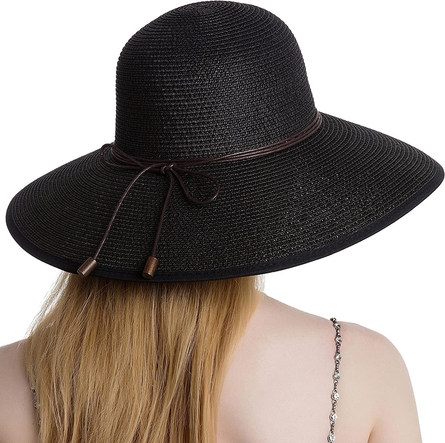 Koreshion Women Summer Wide Brim Straw Hat Beach Foldable Sun Hats Floppy Roll up Cap Uv UPF 50+ Caps Apparel & Accessories > Clothing Accessories > Hats Koreshion Black  