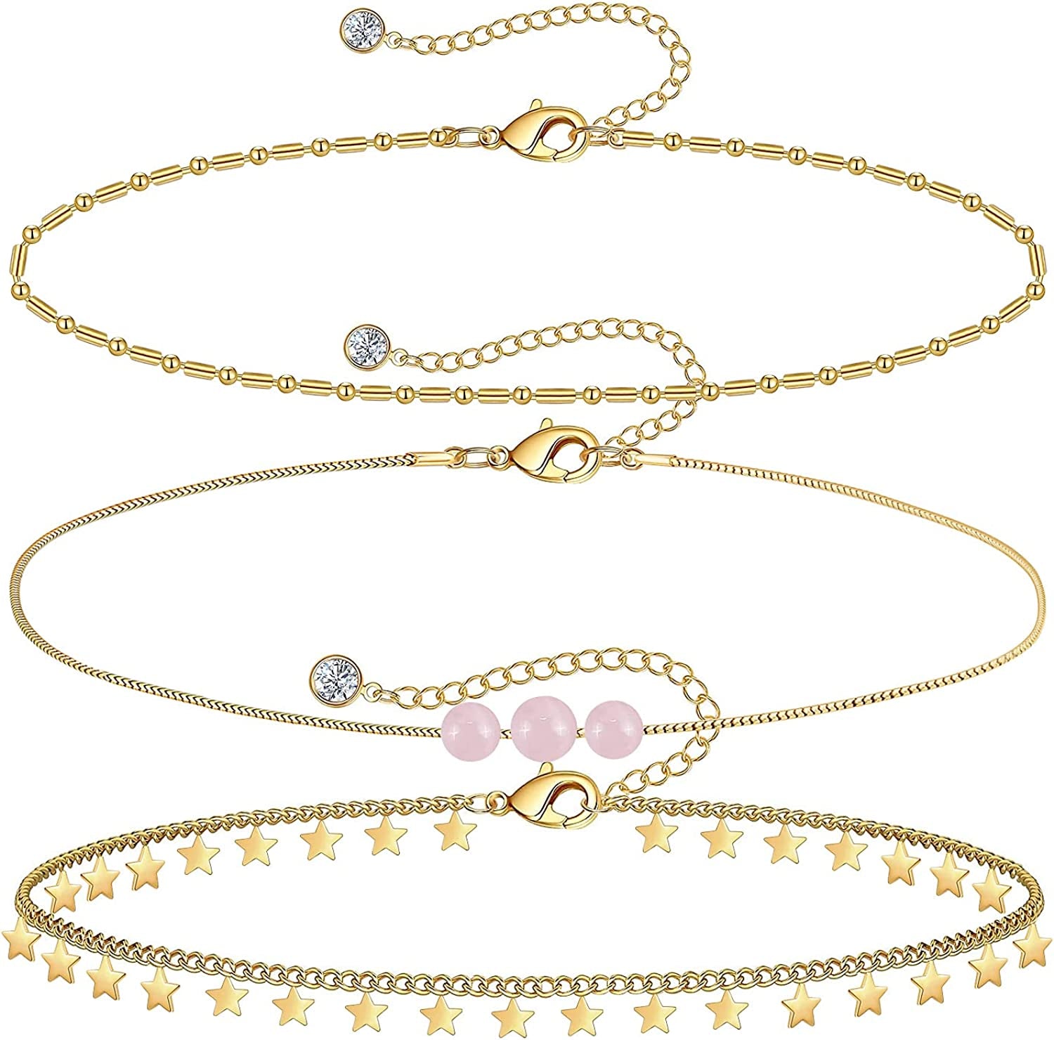 Gold Ankle Bracelets for Women 14K Gold Plated Anklet Silver Tennis Rose Quartz Cross Bead Herringbone Snake Paperclip Chain Cubic Zirconia Dainty Layered Anklet Set 3Pcs Apparel & Accessories > Jewelry > Anklets WeSparking M-Yellow Gold-Star  