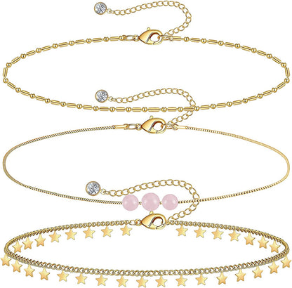 Gold Ankle Bracelets for Women 14K Gold Plated Anklet Silver Tennis Rose Quartz Cross Bead Herringbone Snake Paperclip Chain Cubic Zirconia Dainty Layered Anklet Set 3Pcs Apparel & Accessories > Jewelry > Anklets WeSparking M-Yellow Gold-Star  