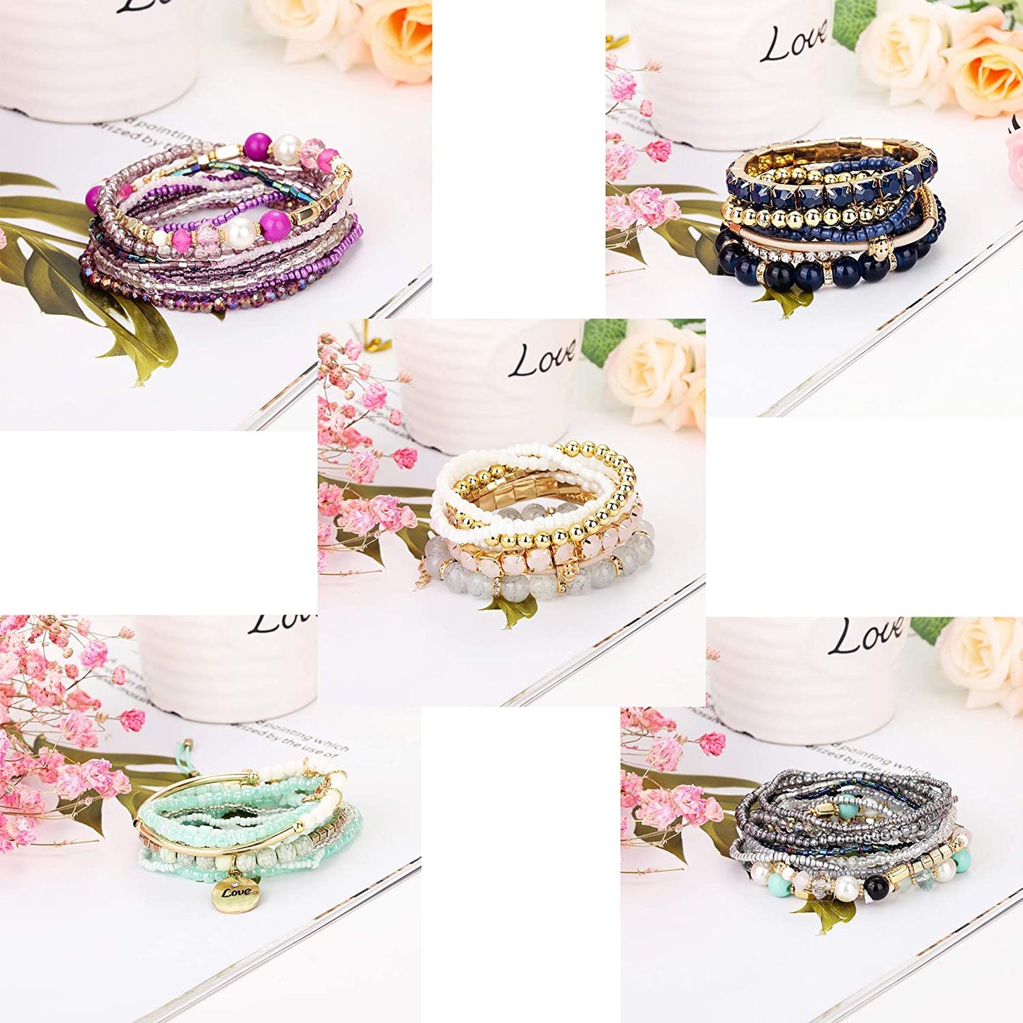 LOYALLOOK 6 Sets Bohemian Stackable Bead Bracelets for Women Stretch Bangles Bohemian Style Stretch Multilayered Bracelet Set Apparel & Accessories > Jewelry > Bracelets LOYALLOOK   
