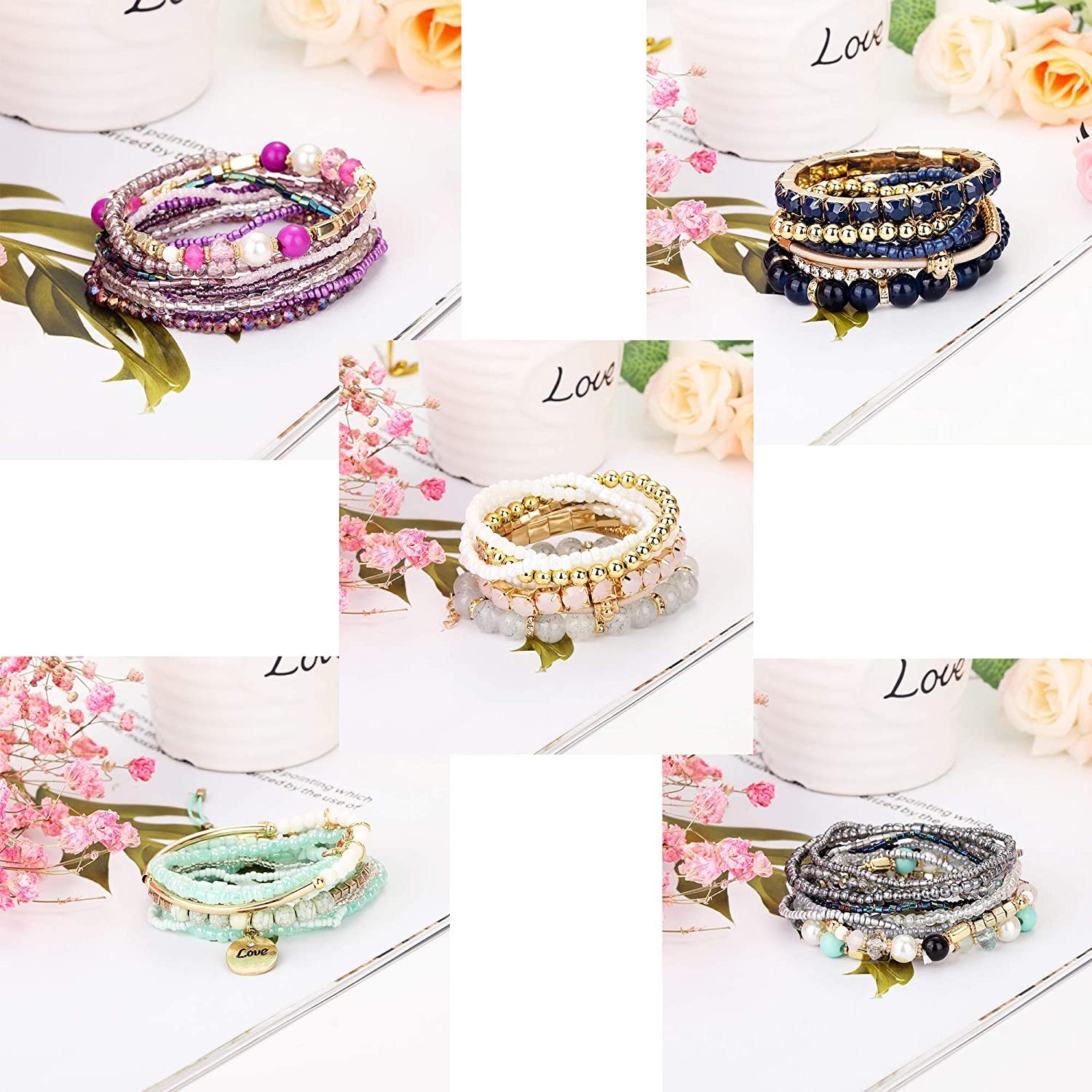 LOYALLOOK 6 Sets Bohemian Stackable Bead Bracelets for Women Stretch Bangles Bohemian Style Stretch Multilayered Bracelet Set Apparel & Accessories > Jewelry > Bracelets LOYALLOOK   
