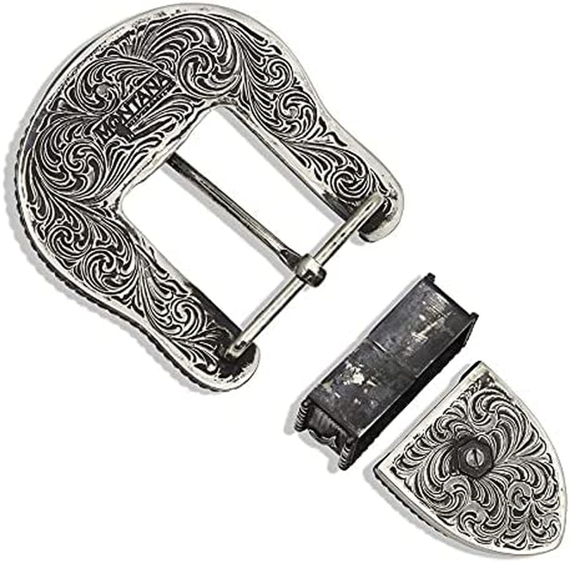 Montana Silversmiths Western 3 Piece Belt Buckle Set, Keeper Loop, Belt Tip (Black and Silver Floral) Apparel & Accessories > Clothing Accessories > Belt Buckles Montana Silversmiths   