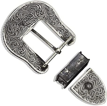 Montana Silversmiths Western 3 Piece Belt Buckle Set, Keeper Loop, Belt Tip (Black and Silver Floral) Apparel & Accessories > Clothing Accessories > Belt Buckles Montana Silversmiths   