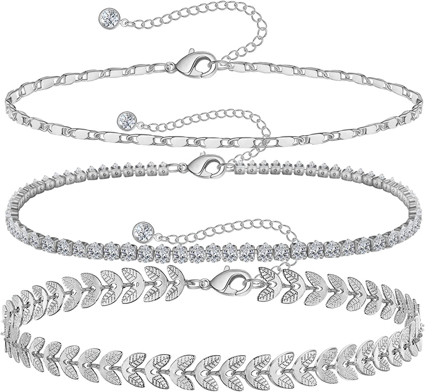 Gold Ankle Bracelets for Women 14K Gold Plated Anklet Silver Tennis Butterfly Star Coin Quartz Bead Snake Paperclip Chain Dainty Layered Anklet Set 3Pcs Jewelry Gifts for Teen Girls Apparel & Accessories > Jewelry > Anklets Vermeyen B-White Gold-Tennis  