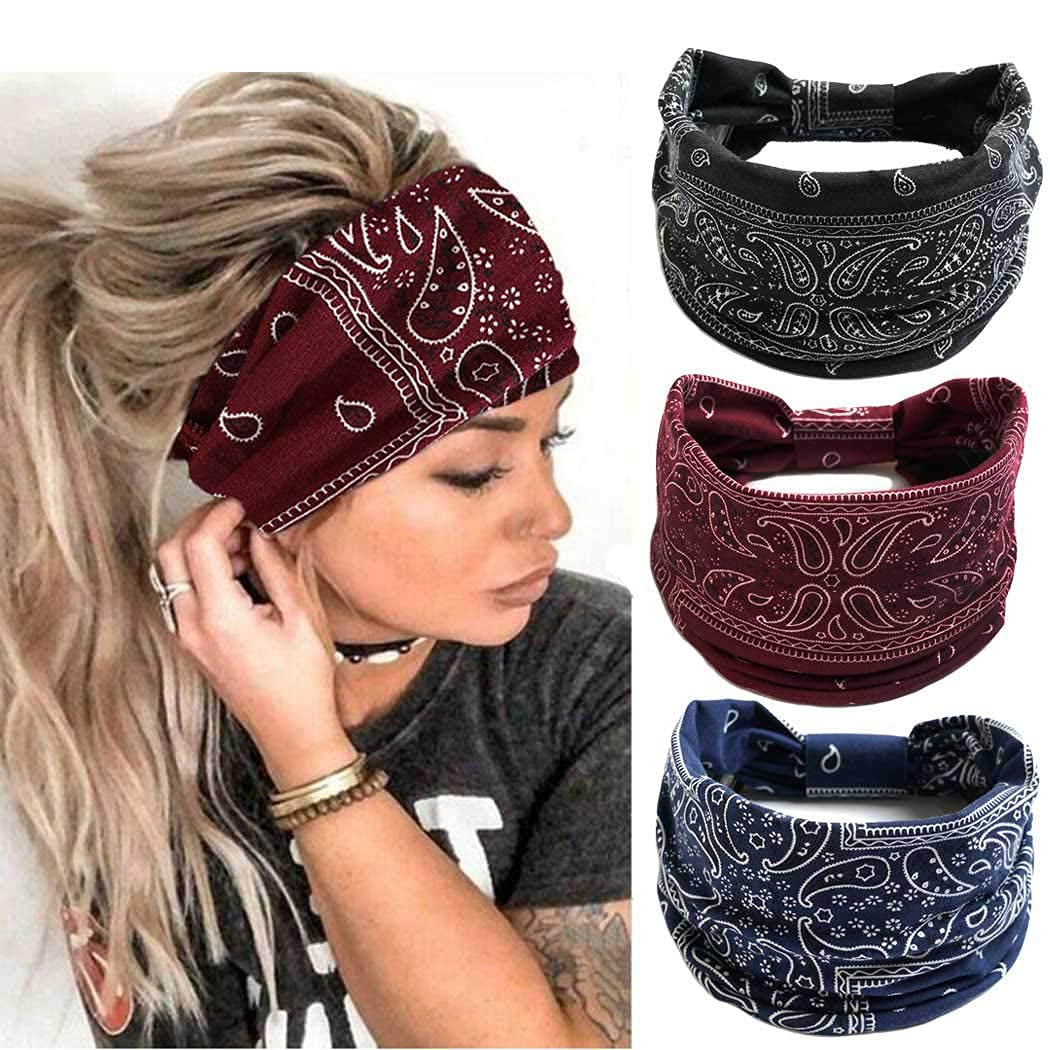 Earent Boho African Headbands Yoga Wide Knot Hair Bands Sweat Printed Headwraps Elastic Turban Headscarfs Multicolor Headwear Outdoor Hair Accessories for Women and Girls (Z-Black) Apparel & Accessories > Clothing Accessories > Headwear Earent Y-Boho 4  