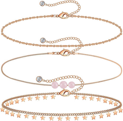 Gold Ankle Bracelets for Women 14K Gold Plated Anklet Silver Tennis Rose Quartz Cross Bead Herringbone Snake Paperclip Chain Cubic Zirconia Dainty Layered Anklet Set 3Pcs Apparel & Accessories > Jewelry > Anklets WeSparking O-Rose Gold-Star  