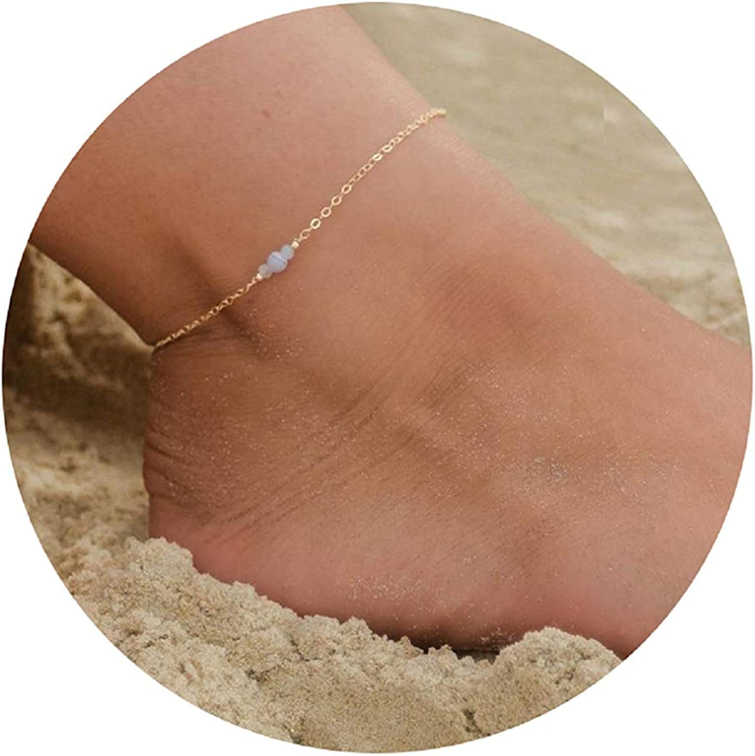 Kyerlyn Dainty Simple Chain Anklet for Women 18K Gold/Silver Plated Summer Beach Beaded Evil Eye Moon Figaro Butterfly Satellite Cuban Pearl Flat Marina Anklet Gift Apparel & Accessories > Jewelry > Anklets Kyerlyn Transparent Bead-Gold  