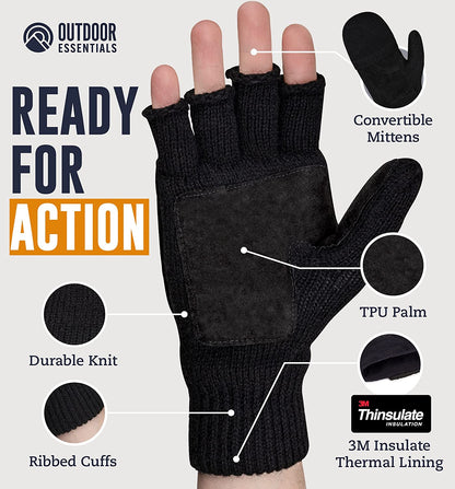 Fingerless Winter Gloves Convertible Wool Mittens for Men & Women - Warm Thermal Knit Flip Top Snow Glove for Cold Weather Apparel & Accessories > Clothing Accessories > Gloves & Mittens OutdoorEssentials   